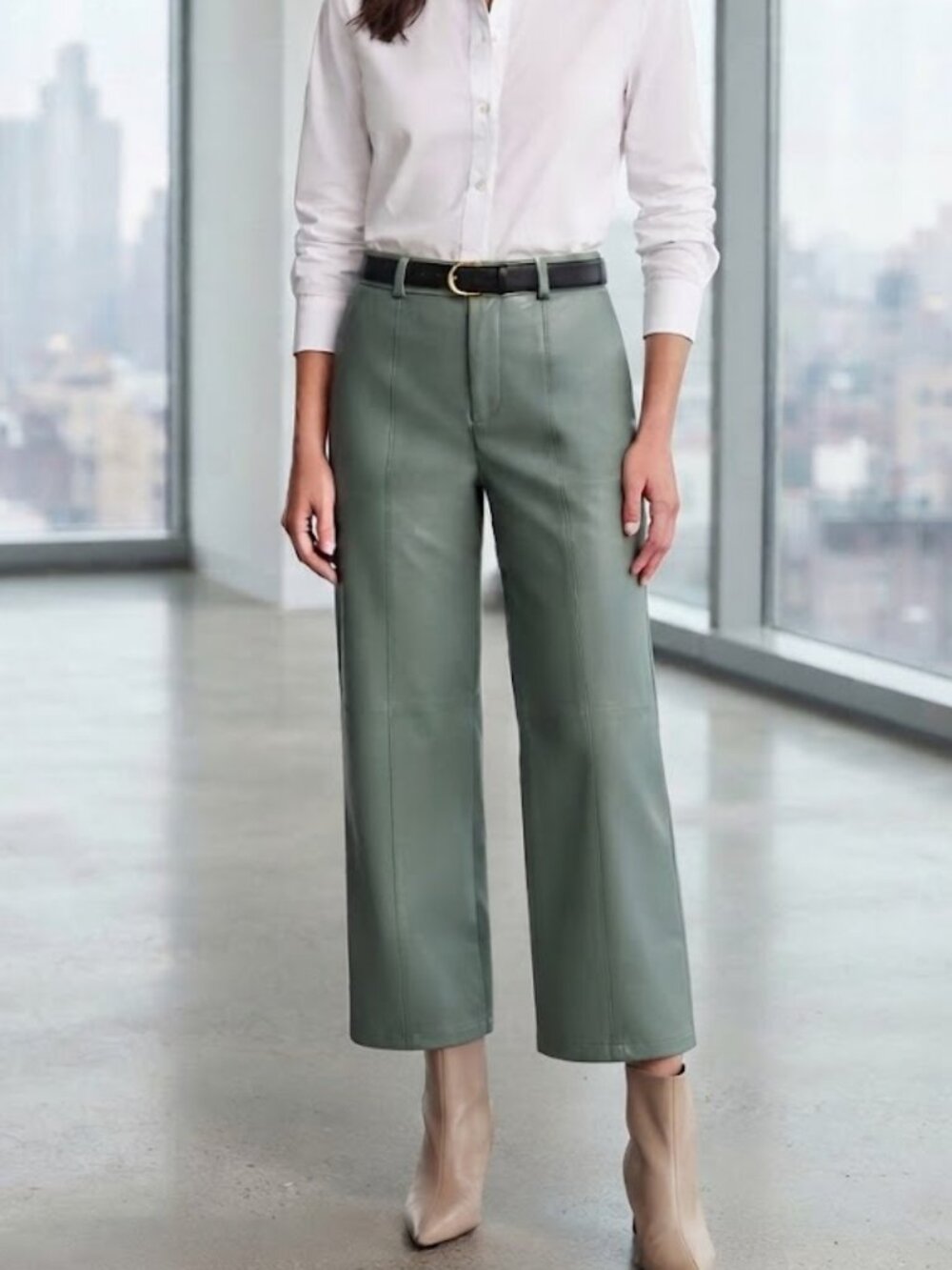 Avec Les Filles- Anthropologie Vegan Olive Leather Wide Leg Crop Pants Medium